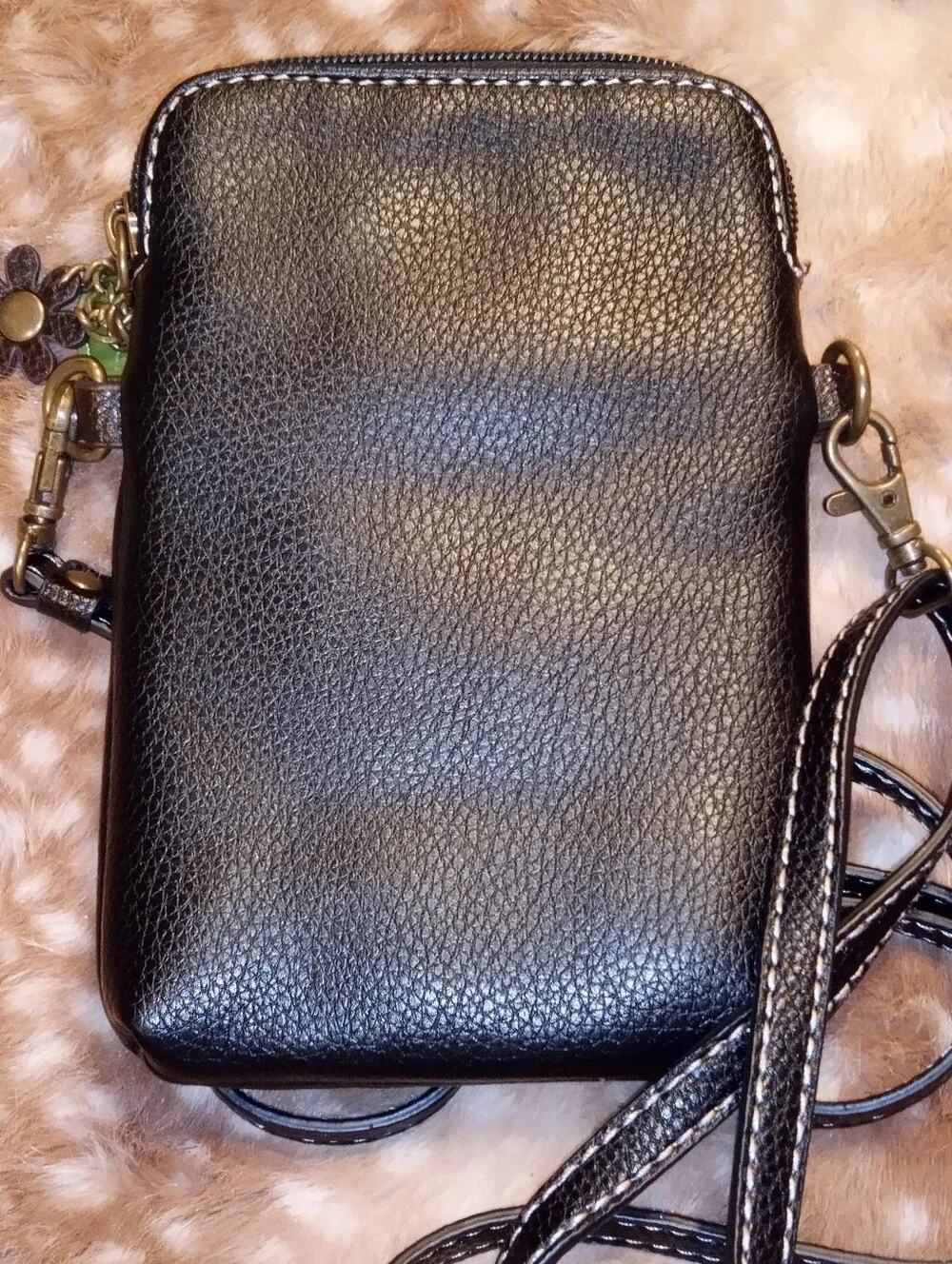 Chala Black Small Crossbody Bag with Multicolor Floral Dragonfly Appliqué.